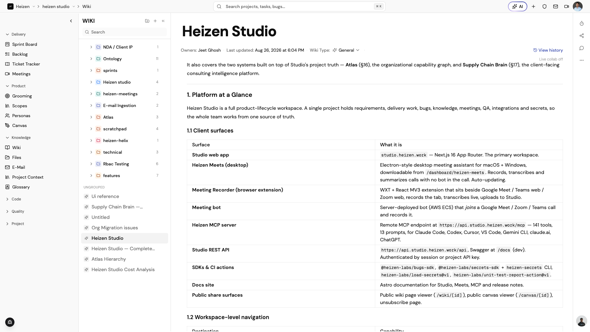 Heizen Studio Wiki page open with the folder tree on the left, page content in the middle, and owner, last-updated, and wiki type details at the top.