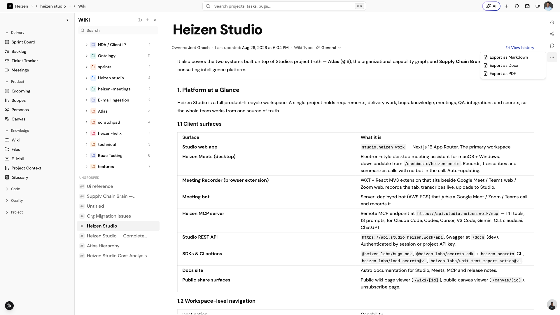 Wiki page export menu with PDF and DOCX options