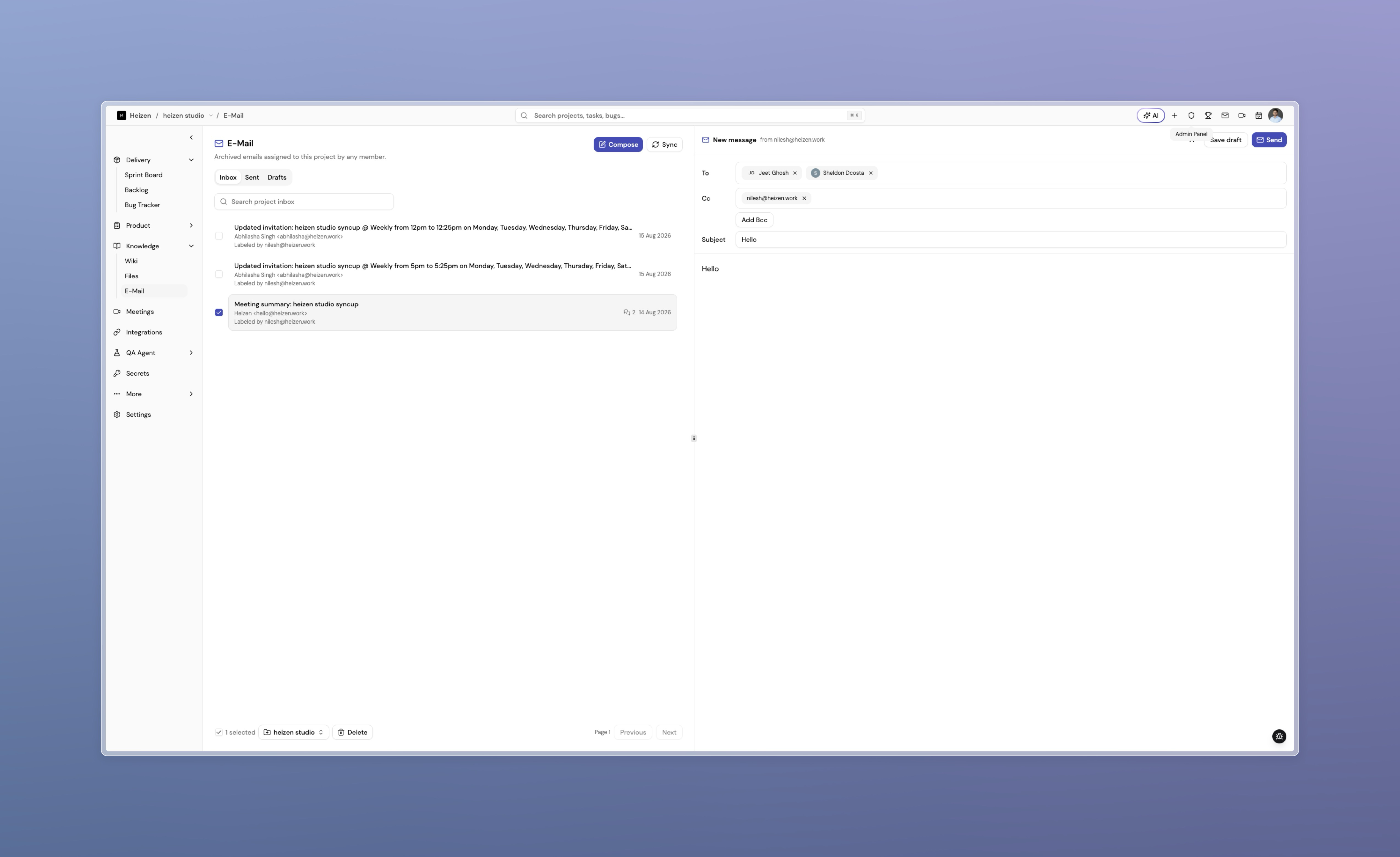 Compose pane with recipient chips in the To, Cc, and Bcc fields