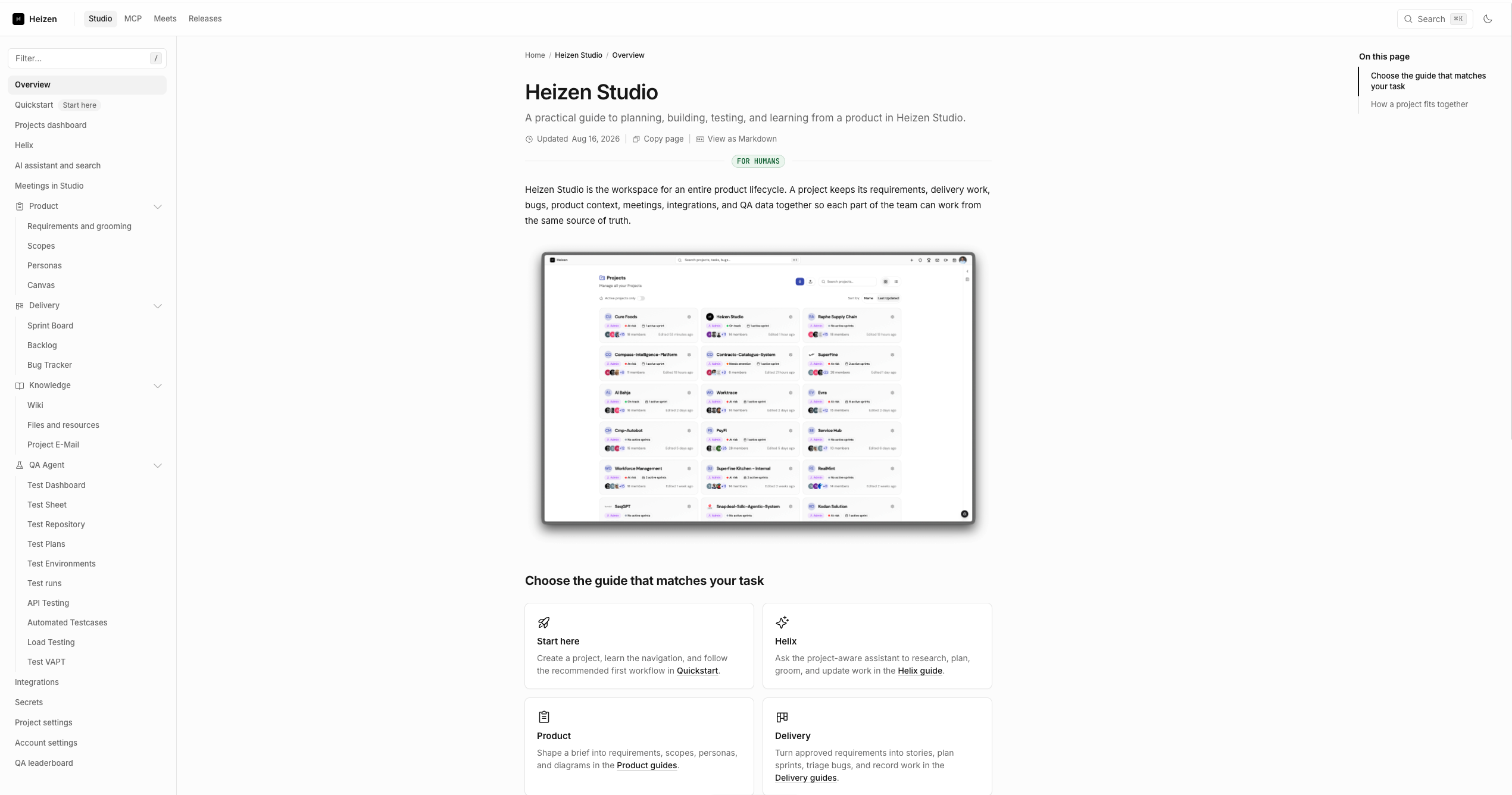 A Studio guide page with the section sidebar and on-page contents
