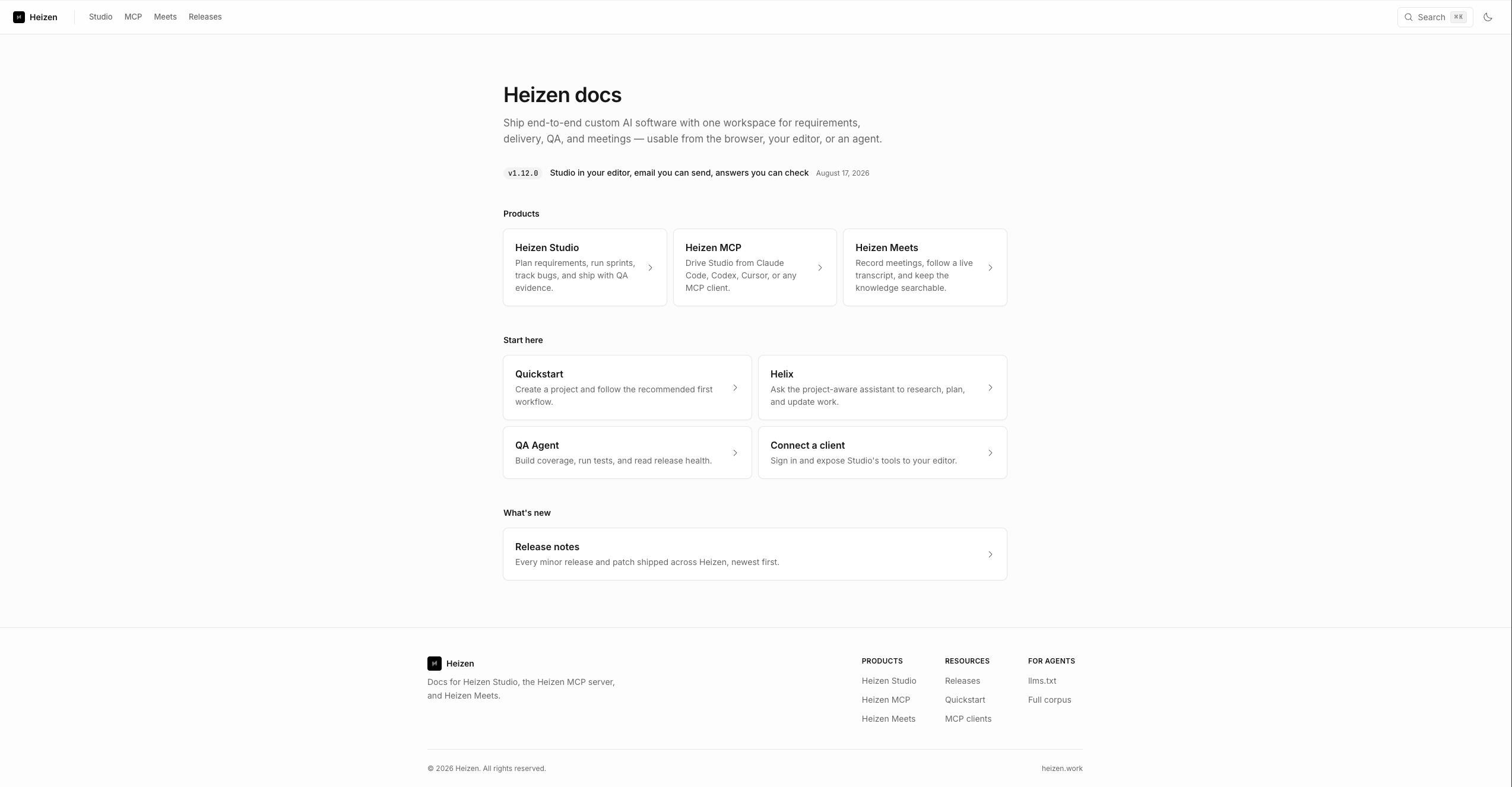 Heizen documentation home with the Studio, MCP, and Meets sections
