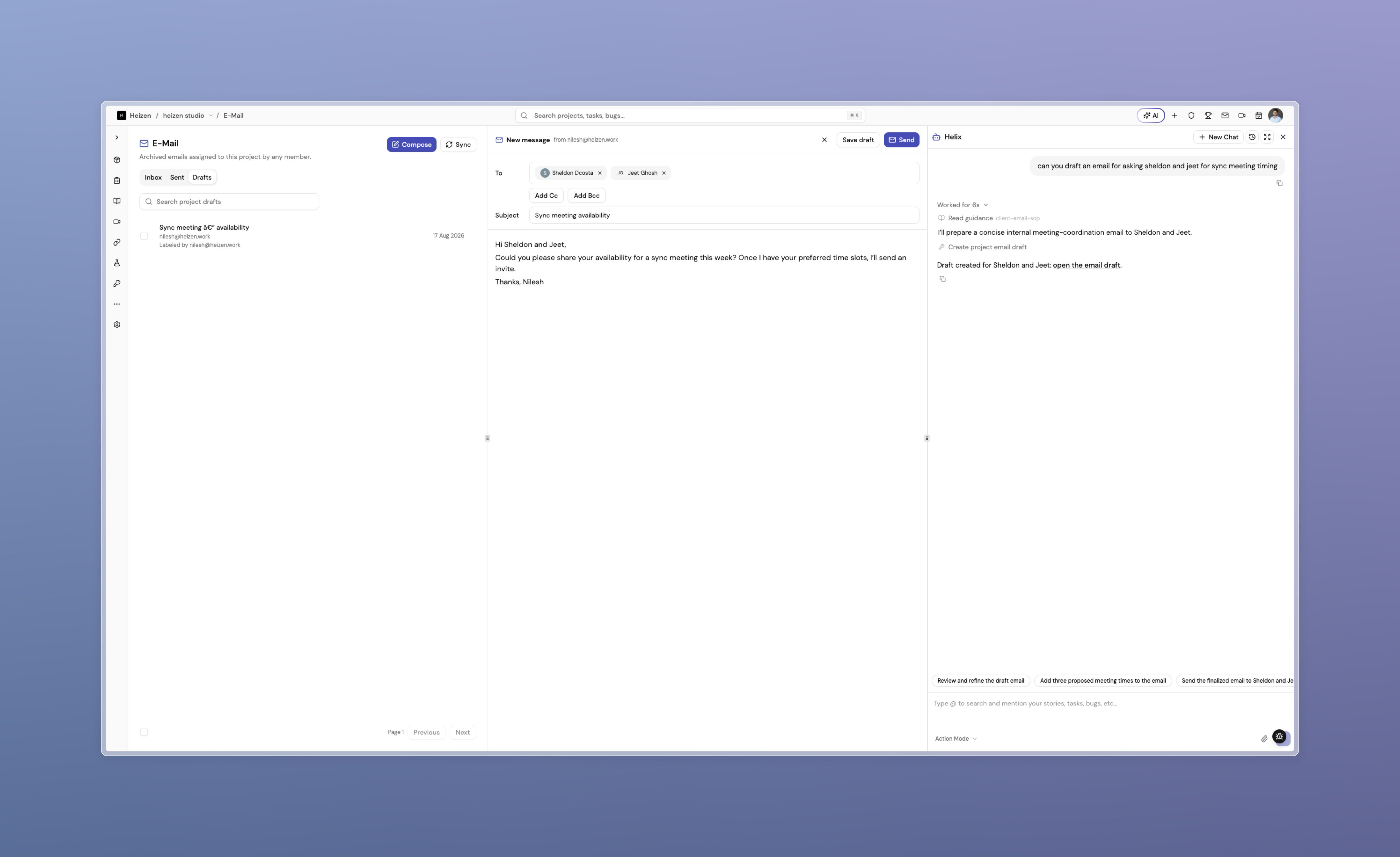 Helix reply showing a link to the project email draft it created