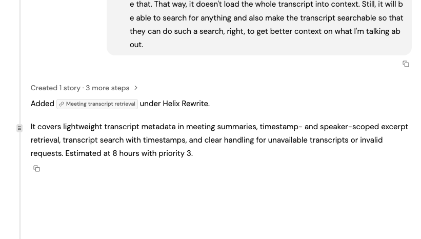 Helix answer with inline citation chips linking to project records