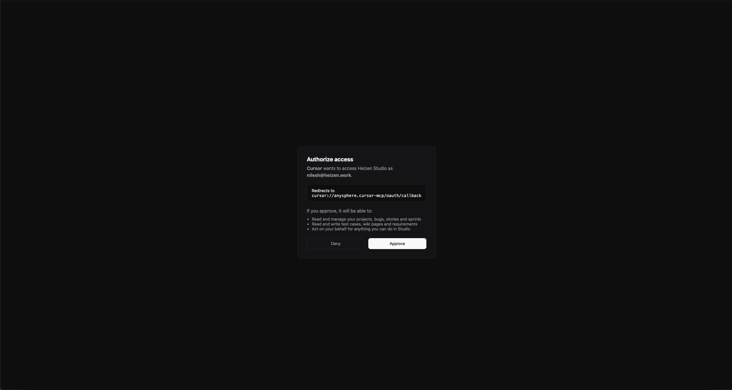 Browser sign-in approving an MCP client’s connection to Heizen Studio