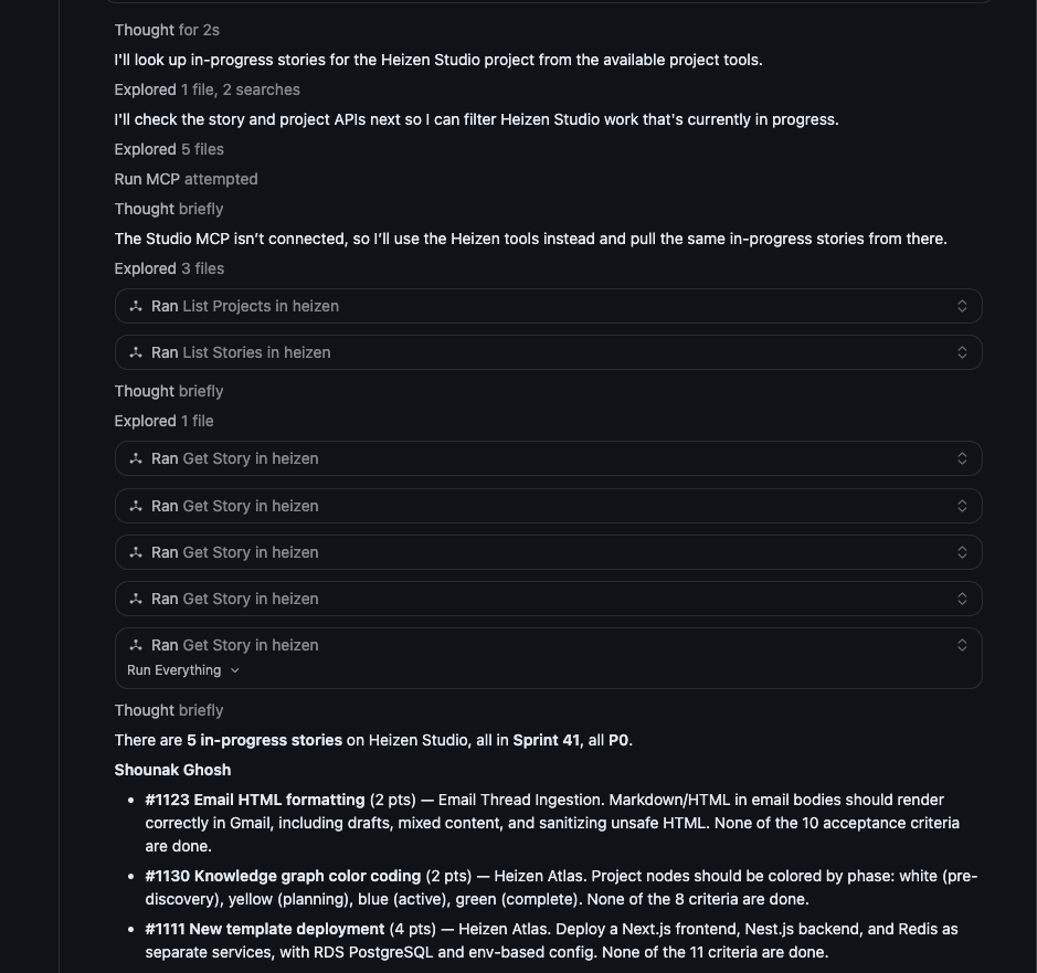 Agent in an editor calling a Heizen tool and showing the updated story