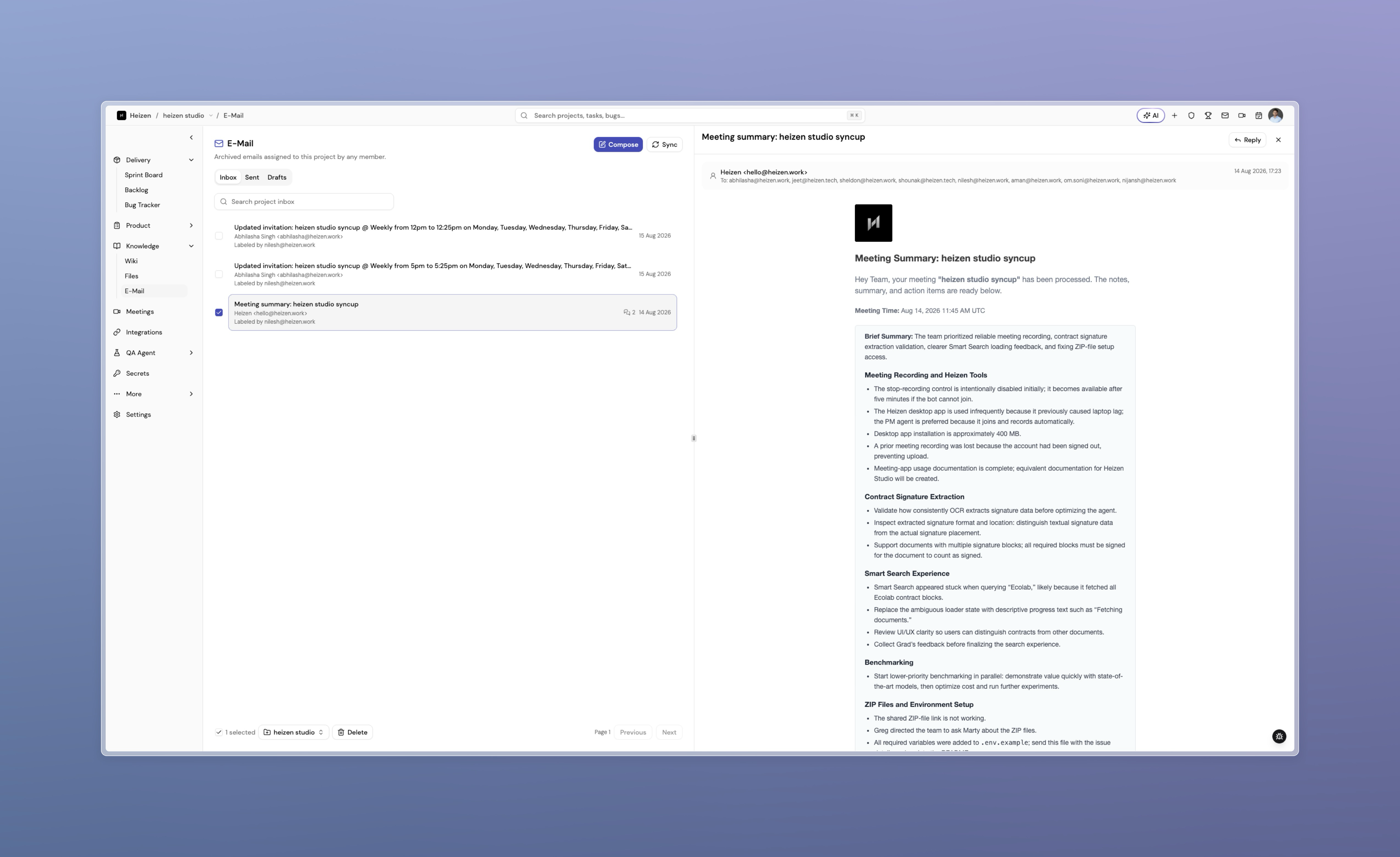 Project email page showing the Inbox, Sent, and Drafts sections with a thread list and reading pane
