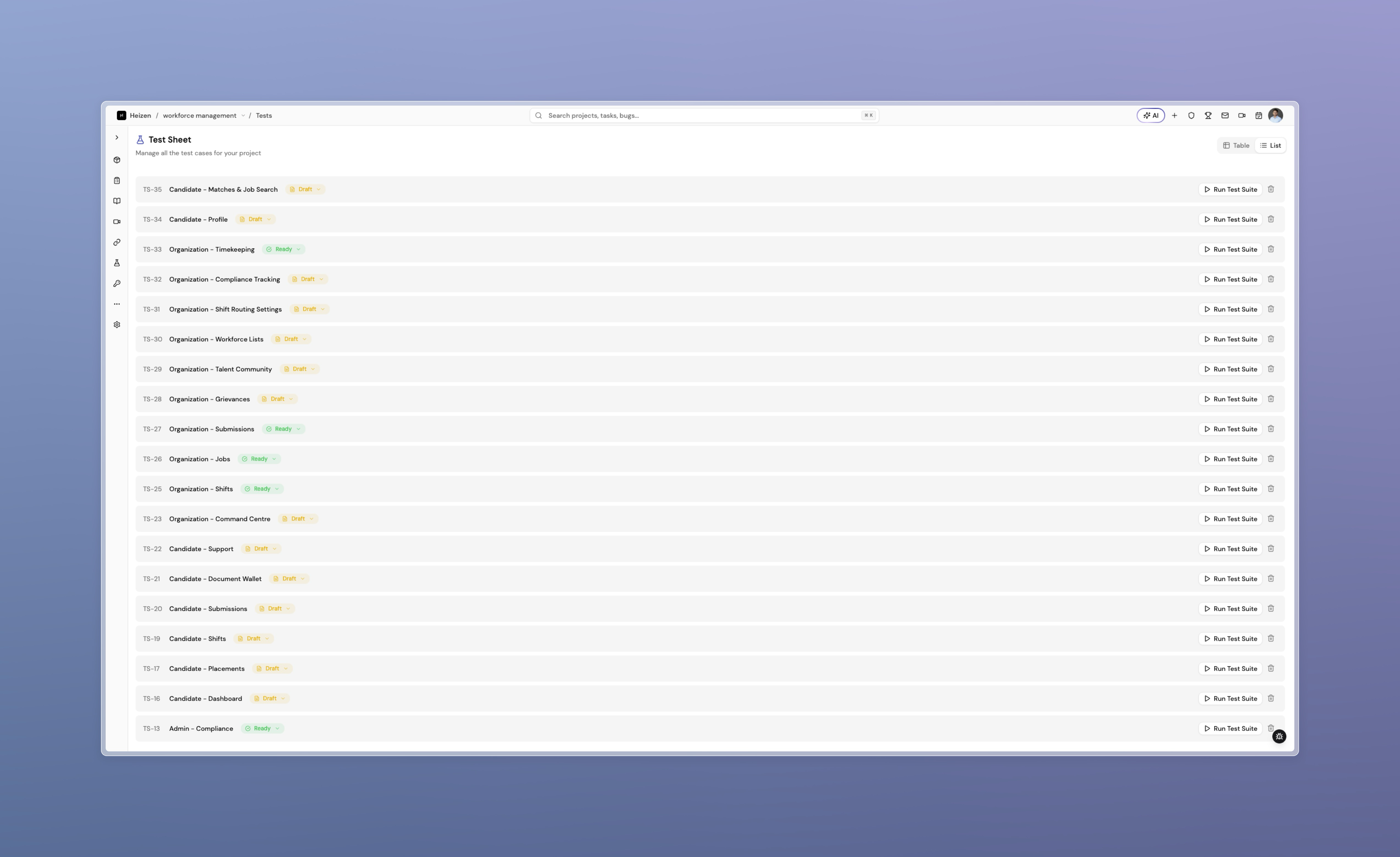 The same suites in List view, grouped by suite