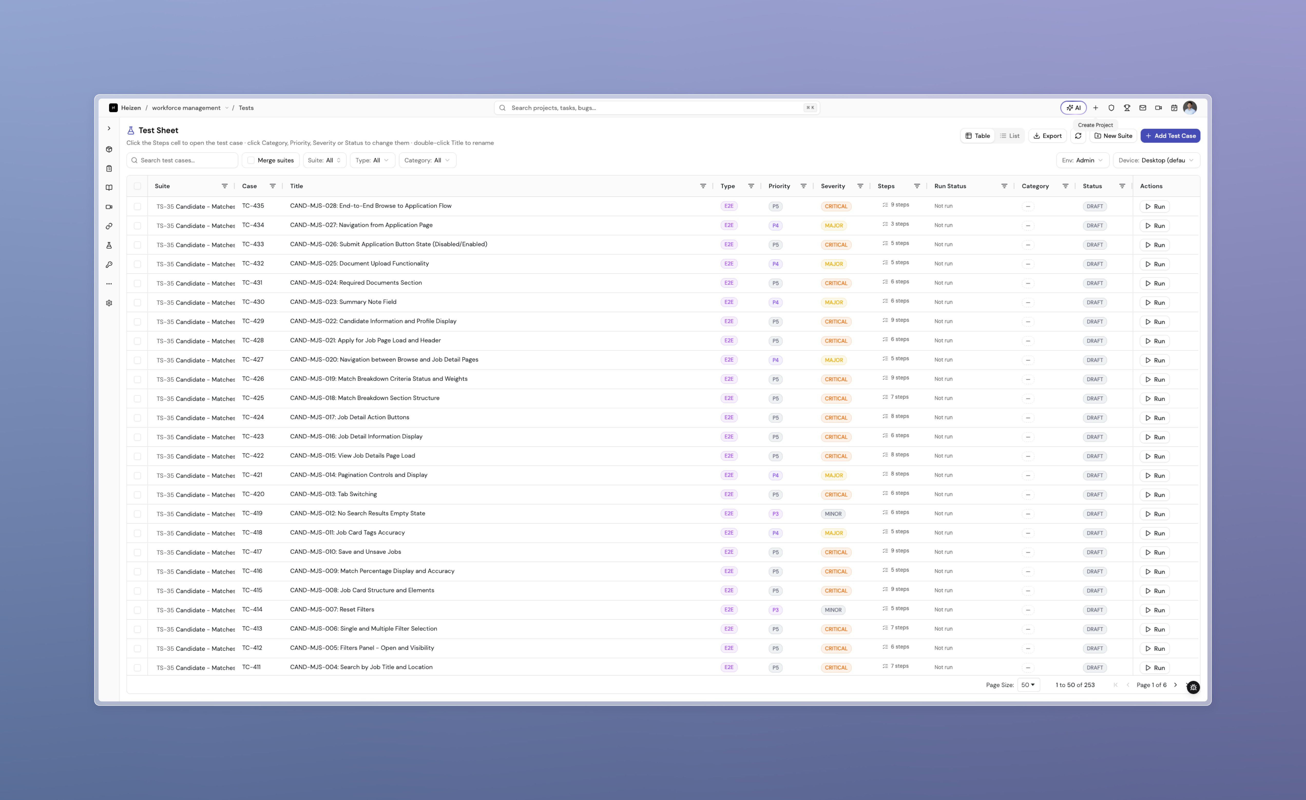 Test Sheet in Table view with the Table and List toggle in the header