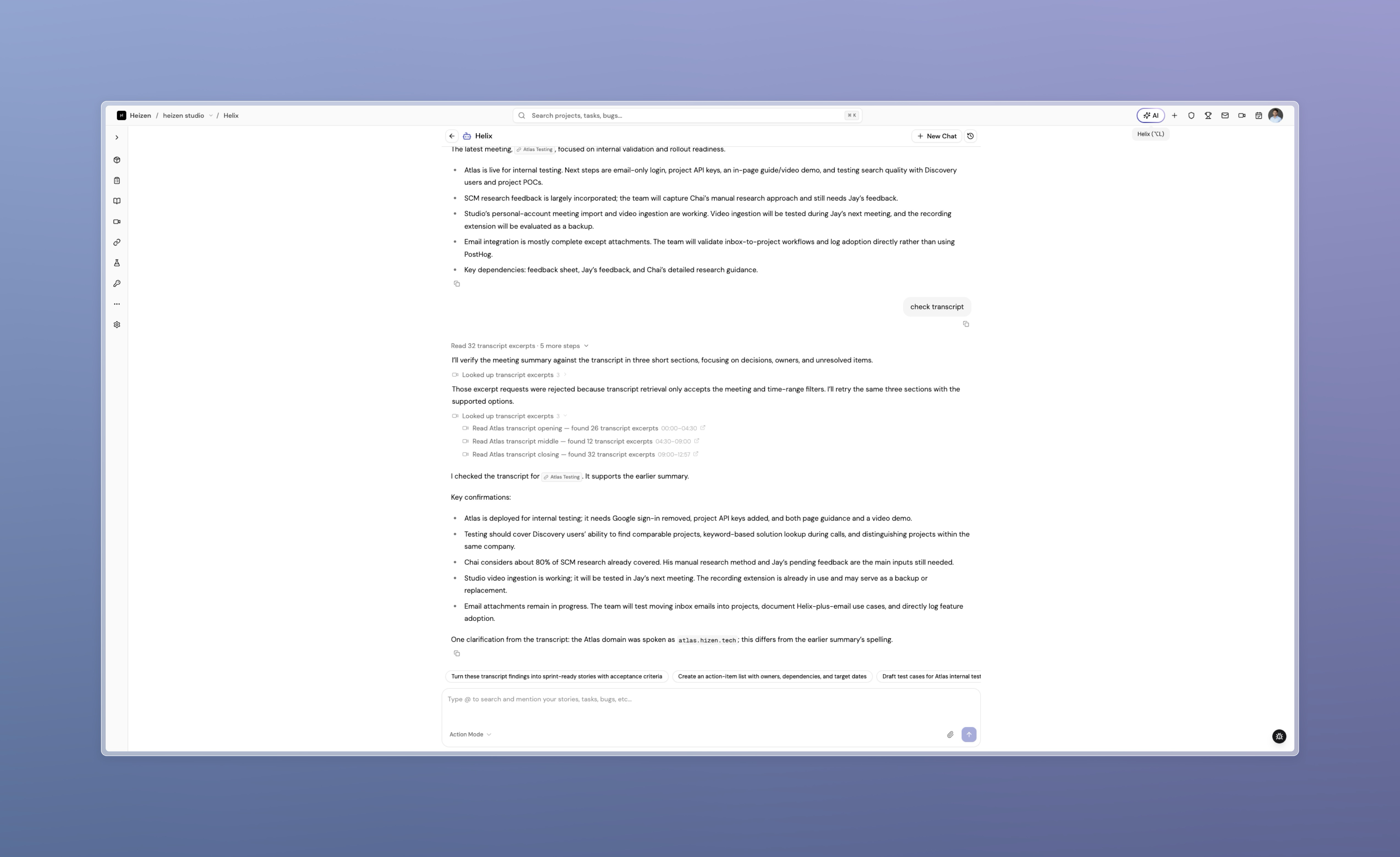 Helix answer quoting timestamped transcript lines from a meeting